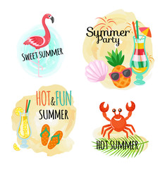 Fruit cocktails, summer party, animal and bird vector. Flamingo and shellfish, pineapple in glasses and drink with straw and umbrella, flip flops and crab