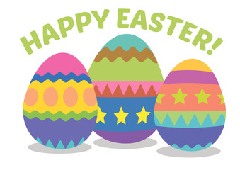 3 colourful Easter eggs on a white background with the text Happy Easter!.
