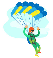 Skydiving poster, man in jumpsuit and helmet holding parachute, cloudy sky. Freedom jumping or dangerous sport, skydriver or sportman flying vector