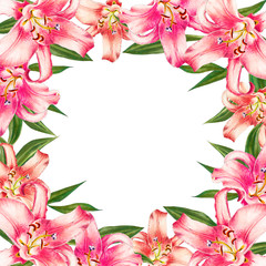 Fototapeta na wymiar Beautiful pink lily frame. Bouquet of flowers. Floral print. Marker drawing. Watercolor painting. Wedding and birthday festive composition. Greeting card. Painted background. Hand drawn illustration.