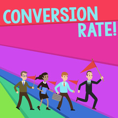 Obraz premium Text sign showing Conversion Rate. Business photo text number of visitors to a website that meet the desired goal People Crowd Flags Pennants Headed by Leader Running Demonstration Meeting