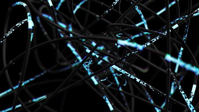 Looping camera passing through the cables with luminance digital texture on them. Digital technology themed 3d render. 