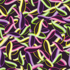 Tropic leaves seamless pattern in neon colors. Colored vector illustration. Isolated on black background.