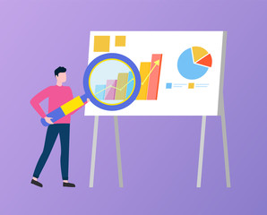 Person with magnifying glass searching for info vector, whiteboard presentation with information and details of business project, man with zoom flat style