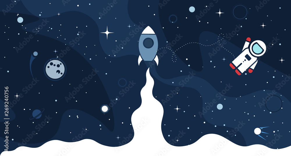 Sticker space background with cosmos and white empty place for text. cute template with astronaut, spaceship