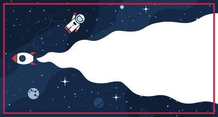 Space background with cosmos and white empty place for text. Cute template with Astronaut, Spaceship, Rocket, Moon and Stars for poster, banner web landing page or website design © Premium_art