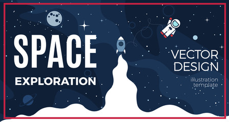 Space background with cosmos and white empty place for text. Cute template with Astronaut, Spaceship, Rocket, Moon and Stars for poster, banner web landing page or website design