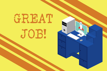 Handwriting text Great Job. Conceptual photo used praising someone for something they have done very well Working desktop station drawers personal computer launching rocket clouds