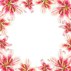 Obraz premium Beautiful pink lily frame. Bouquet of flowers. Floral print. Marker drawing. Watercolor painting. Wedding and birthday festive composition. Greeting card. Painted background. Hand drawn illustration.