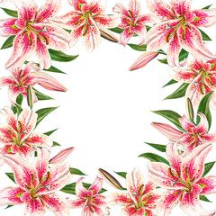 Beautiful pink lily frame. Bouquet of flowers. Floral print. Marker drawing. Watercolor painting. Wedding and birthday festive composition. Greeting card. Painted background. Hand drawn illustration.