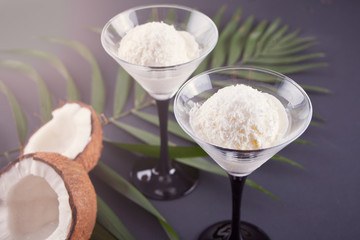 Coconut ice cream on the with palm leaf and coconut