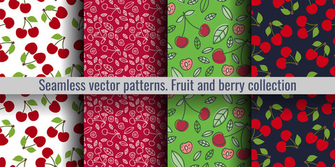 Cherry seamless pattern set. Red berry. Fashion design. Food print for kitchen tablecloth, curtain or dishcloth. Hand drawn doodle wallpaper. Vector sketch background