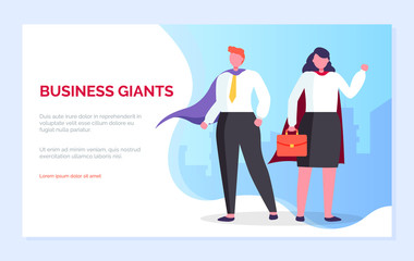 Business giants vector, woman holding briefcase, man wearing heroic gown, people with superpowers, almighty personages, characters team. Website or webpage template, landing page flat style