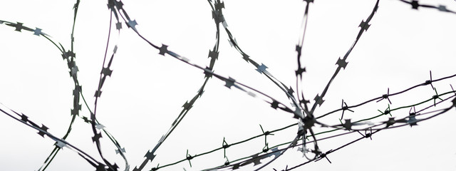 Barbed wire on country border. Barbwire on fence for prohibition of illegal aliens crossing.