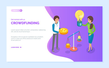 Crowdfunding vector, people holding gold coin and light bulb. Women with money and idea scaling desired with abilities, business projects. Website or webpage template, landing page flat style