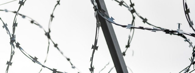 Barbed wire on country border. Barbwire on fence for prohibition of illegal aliens crossing.