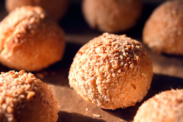 Round buns made from whole-wheat flour and curd mixture. Fresh pastries for a healthy diet and people on a diet. Low-calorie food with a small glacemic index