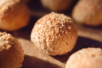 Round buns made from whole-wheat flour and curd mixture. Fresh pastries for a healthy diet and people on a diet. Low-calorie food with a small glacemic index