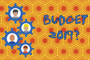 Writing note showing Budget 2019 Question. Business concept for estimate of income and expenditure for next year Gearshaped picture frame family ornament Whole Family photo