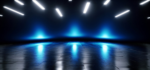 Futuristic Blue Neon Glow Sci Fi  VIbrant Dark Stage Showcase Podium Virtual Reality Empty Reflection Grunge Concrete Laser 3D Rendering