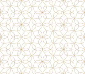 Moderne eenvoudige geometrische vector naadloze patroon met gouden bloemen, lijntextuur op witte achtergrond. Licht abstract bloemenbehang, helder tegelornament