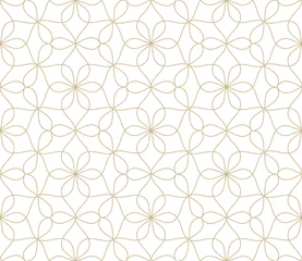 Behang Moderne eenvoudige geometrische vector naadloze patroon met gouden bloemen, lijntextuur op witte achtergrond. Licht abstract bloemenbehang, helder tegelornament © nadiinko