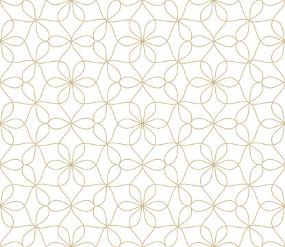 Modern simple geometric vector seamless pattern with gold flowers, line texture on white background. Light abstract floral wallpaper, bright tile ornament