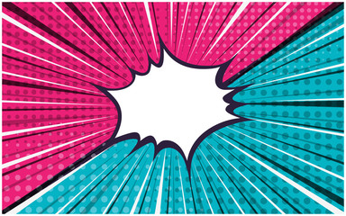 Bright pink and blue exploding striped versus retro comic background with dotted halftone corners. Cartoon pop art vs bubble with dark and light stripes for comics book, advertising design, poster © Tatahnka