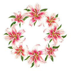 Beautiful pink lily wreath. Bouquet of flowers. Floral print. Marker drawing. Watercolor painting. Wedding and birthday festive composition. Greeting card. Painted background. Hand drawn illustration.