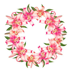 Beautiful pink lily wreath. Bouquet of flowers. Floral print. Marker drawing. Watercolor painting. Wedding and birthday festive composition. Greeting card. Painted background. Hand drawn illustration.