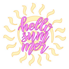 Hello summer. Child illustration. Colorful design element. Isolated purple script and yellow sun.