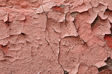 Fragment of an old exterior wall with cracked peeling plaster pink color