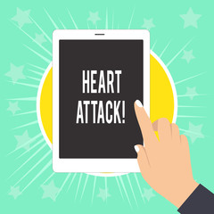 Writing note showing Heart Attack. Business concept for sudden occurrence of coronary thrombosis resulting in death Female Hand with White Polished Nails Pointing Finger Tablet Screen Off