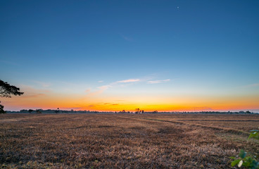 Golden beautiful Sunrise and clear at dry grass fields in the countryside at morning