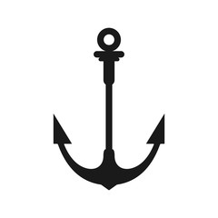 Black vector silhouette of a sea anchor shape is isolated on a white background.