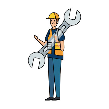 builder worker with helmet and wrench