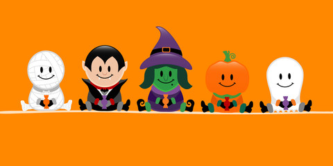 Banner Halloween Mumie, Vampir, Hexe, Kürbis Und Geist Orange