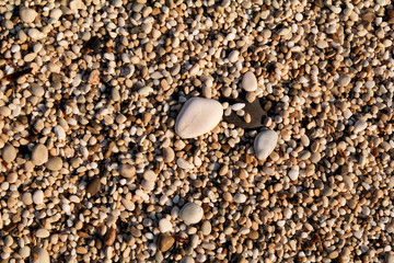 Exotic rocky beach with colorful stones. Texture, material, pattern, background, wallpaper of small multicolored rock sand stone beach. Natural environment. Summer season, travel, vacation, holiday.