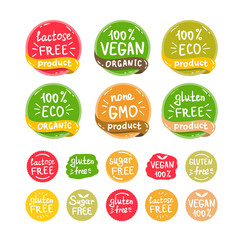 Vegan, healthy food illustrations set for cafe, restaurant badges, tags, packaging. Vector eco, organic, bio logos or stickers