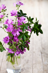 Wild violet flowers in glass bottle on rustic wooden table.