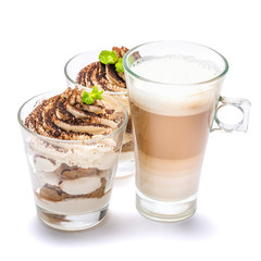 Classic tiramisu dessert in a glass and cup of coffee isolated on a white background with clipping path
