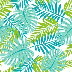 Seamless pattern with green tropical leaves on white background. Vector design. Jungle print. Floral background.