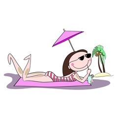 The girl sunbathes on the beach in sunglasses and a swimsuit, cartoon character, color illustration in vector