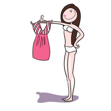 In the picture is a young slender beautiful girl in lingerie trying on a red dress, cartoon color illustration in vector
