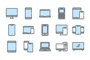 Electronic and devices related color line icon set. Computers and mobile phones colorful linear icons. Laptop, hardware and tablet flat color outline vector sign collection.