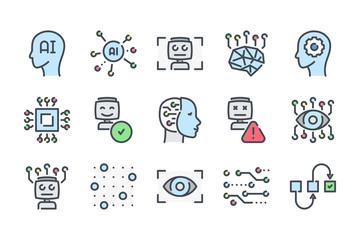 Artificial Intelligence related color line icon set. Technology and robot machine colorful linear icons. Algorithm and AI flat color outline vector signs and symbols collection.