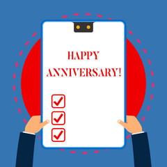 Handwriting text writing Happy Anniversary. Conceptual photo The annually recurring date of a past event celebration White rectangle clipboard with blue frame has two holes holds by hands