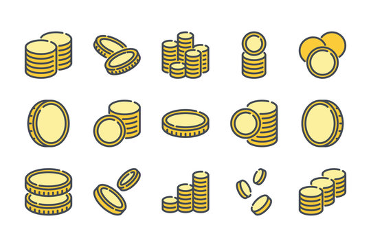 Stack of coins related color line icon set. Coin colorful linear icons. Money and currency flat color outline vector sign collection.