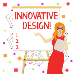Word writing text Innovative Design. Business photo showcasing application of better solutions that meet new requirements White Female in Glasses Standing by Blank Whiteboard on Stand Presentation