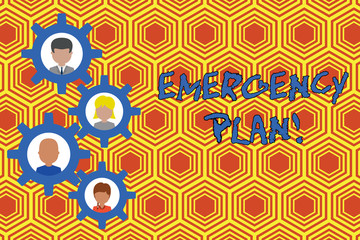 Writing note showing Emergency Plan. Business concept for actions developed to mitigate damage of potential events Gearshaped picture frame family ornament Whole Family photo